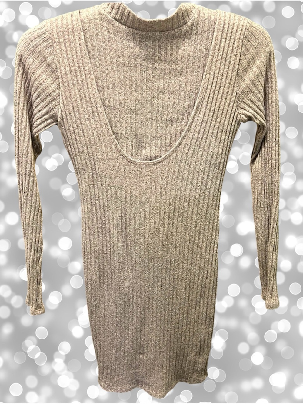 Black Bead Open Back Ribbed Knit Lined Bodycon Dress Taupe Large Made in USA